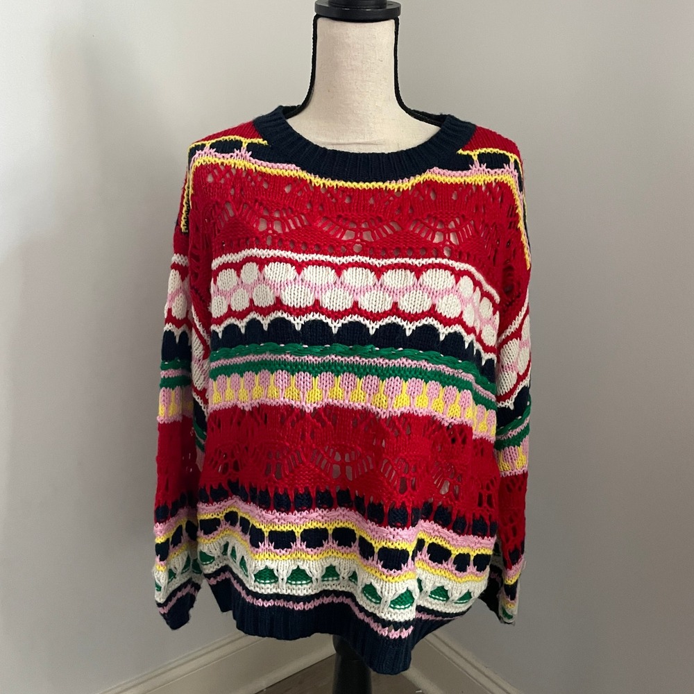 Colorful Knit Pointelle Sweater size Small Red Retro Boxy‎ Oversized Funky Artsy